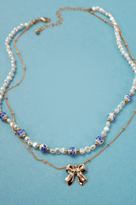 Porcelain Bow Pearl Necklace | Blue