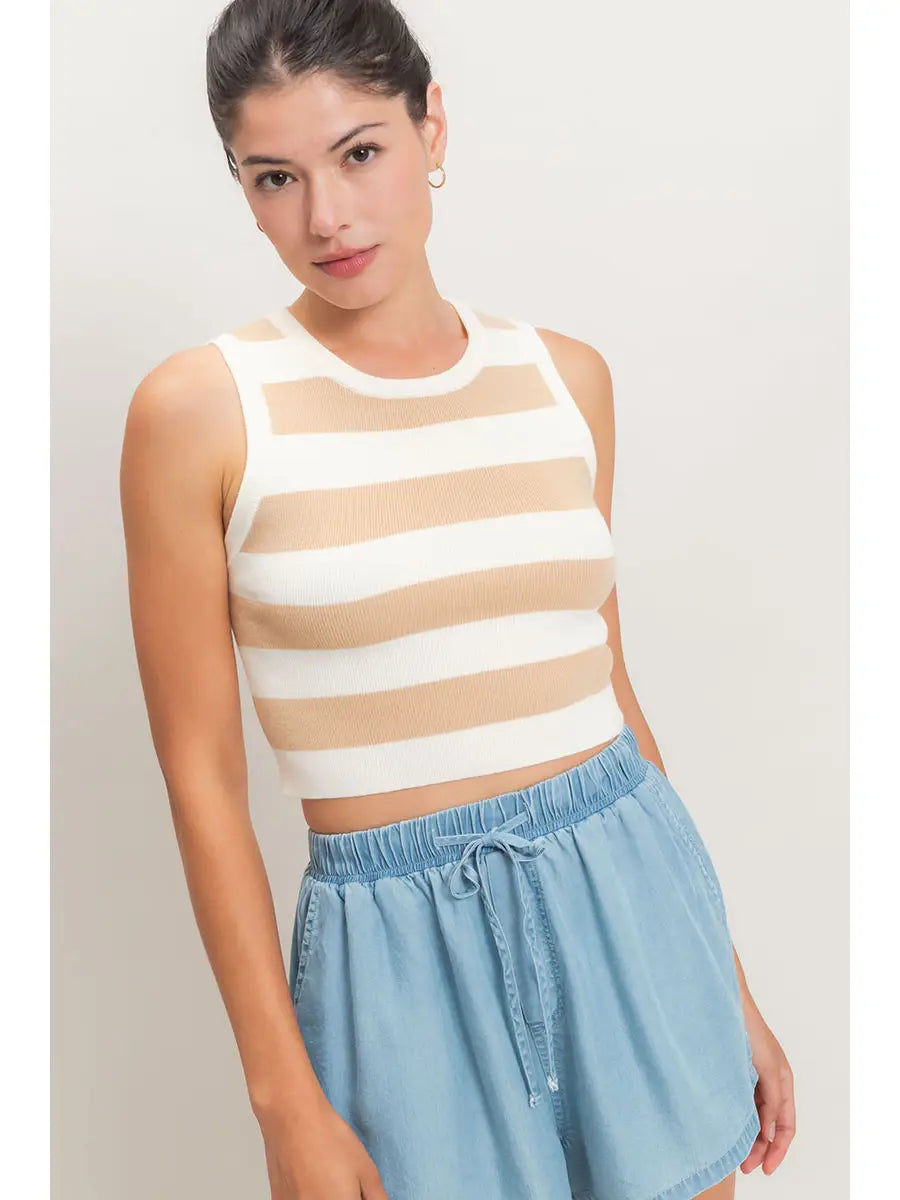 Striped Knit Crop Tank | Taupe