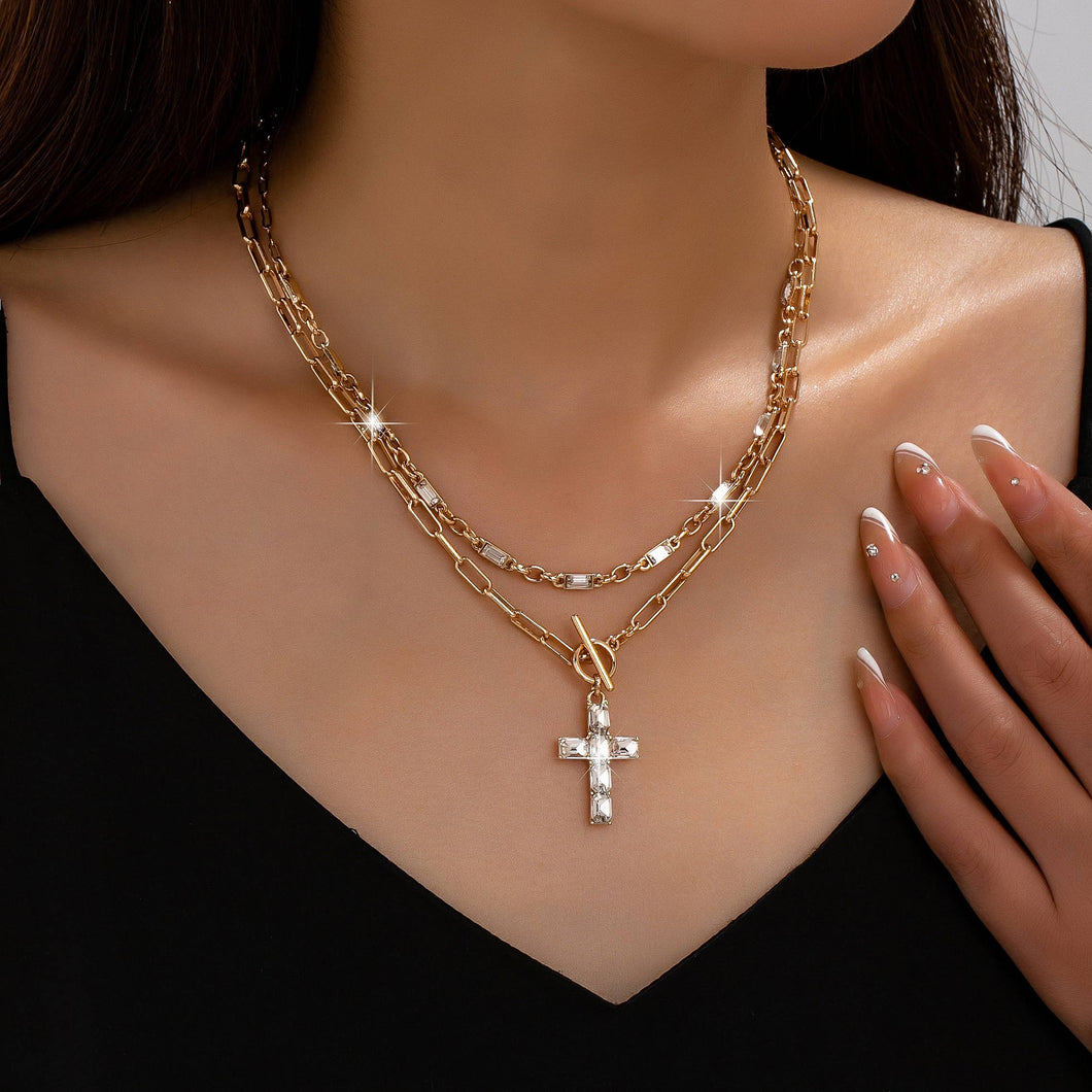 Layered Paperclip Chain Cross Necklace