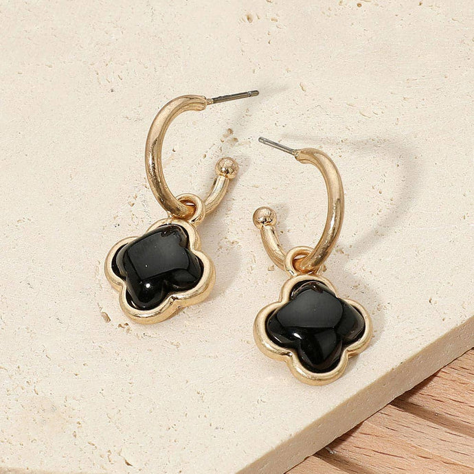 Quatrefoil Charm Drop Hoop Earrings | Black