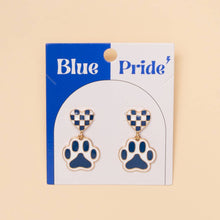 Gameday Checker Patterned Heart And Paw Dangle Earrings: Blue White