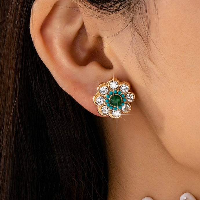 Turquoise & Crystal Flower Stud Earrings | Gold
