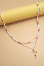 DOUBLE LAYER PEARL GOLD CHAIN BOW CHARM NECKLACE | 80N91473: Gold
