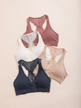 flat lay of 4 colors of Seamless  Lace Racerback Bralette