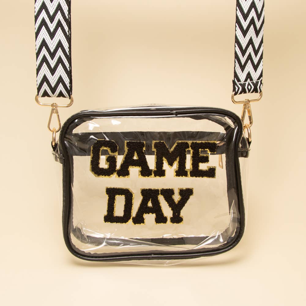 “Game Day” Fuzzy Chenille Clear Crossbody Bag: Black