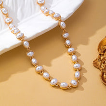 Bezel-Set Oval Faux Pearl Link Station Necklace | Gold