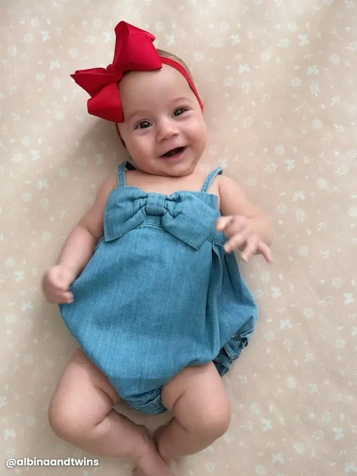 Denim Girls Bow Romper | Light Wash