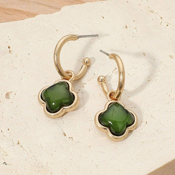 Quatrefoil Charm Drop Hoop Earrings | Green