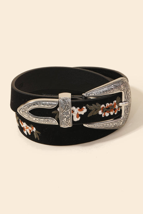 Flower Embroidered Etch Buckle Belt | Black