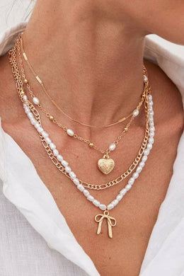 Bow Heart Pearl Layered Necklace