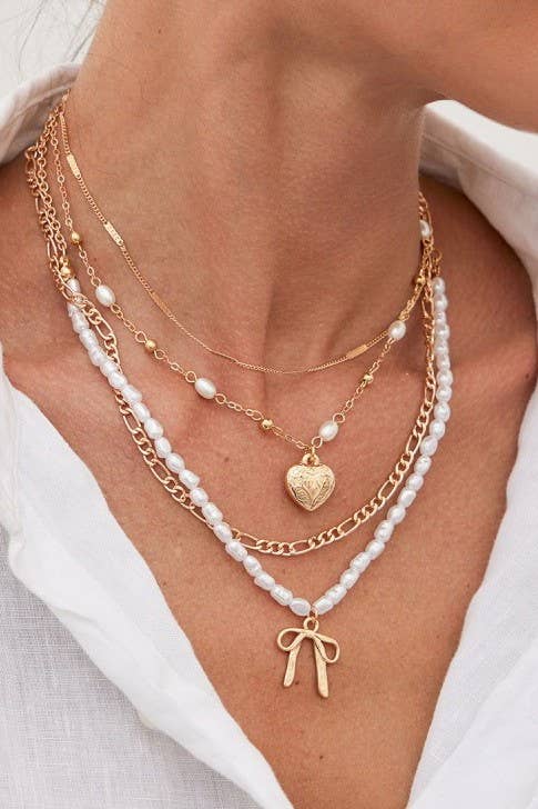 Bow Heart Pearl Layered Necklace