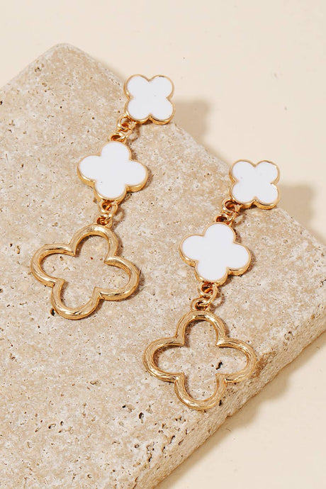 Metallic Clover Chain Dangle Earrings| White