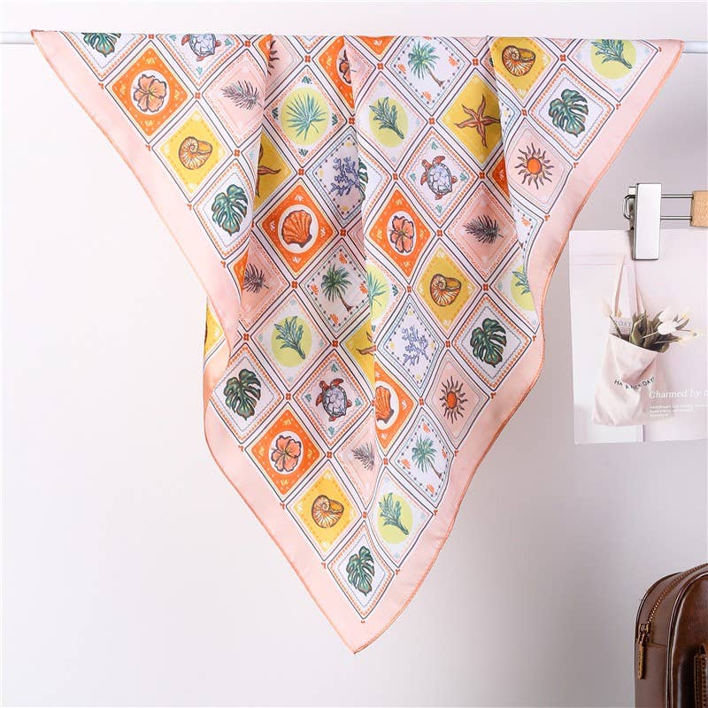 Nautical Shell & Palm Silky Feel Bandana Scarf |  Peach