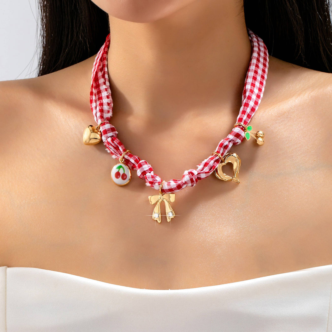 Gingham Scarf Charm Necklace | Red
