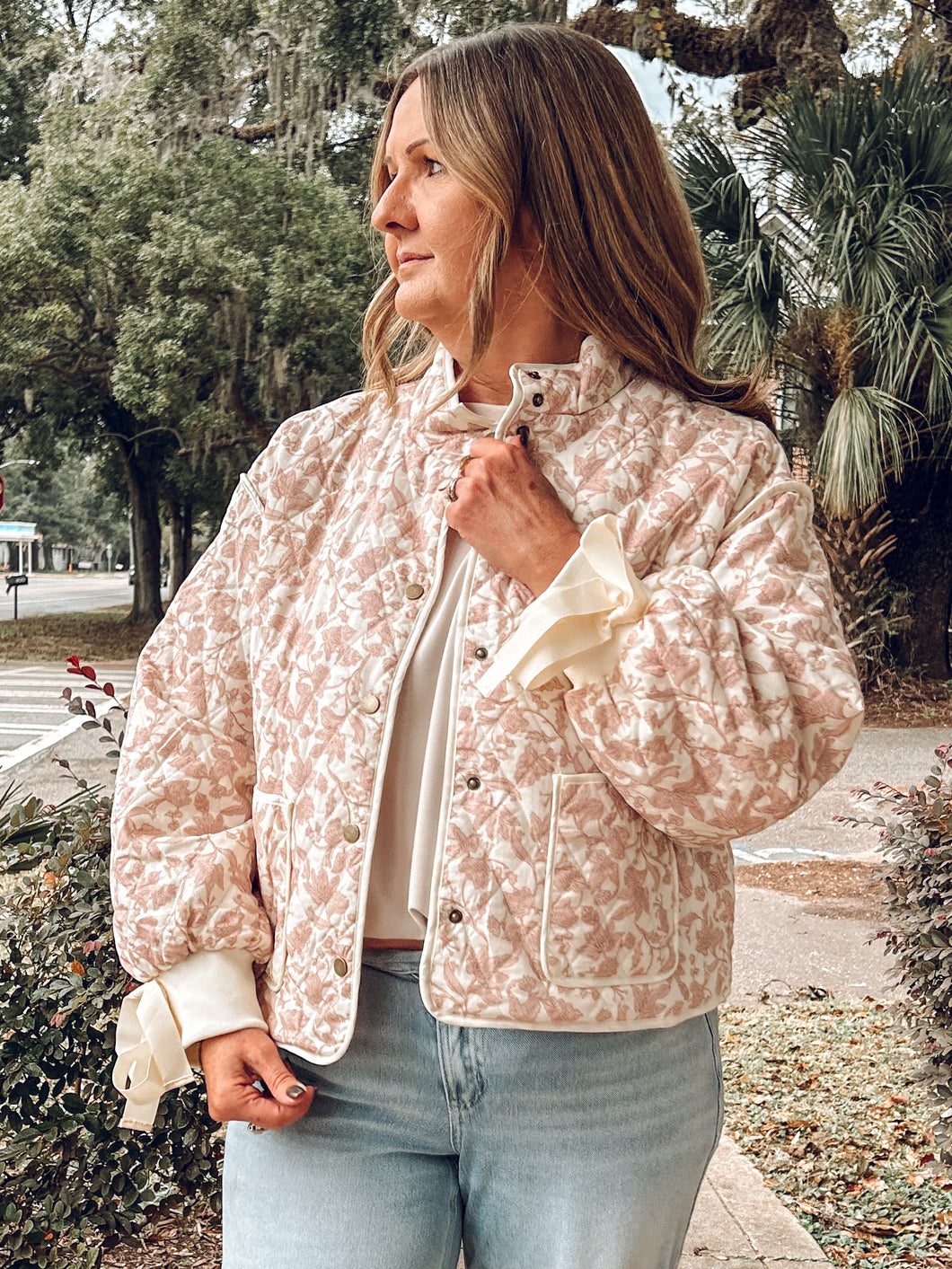 Floral Quilted Ribbon Jacket | Ivory/Pink