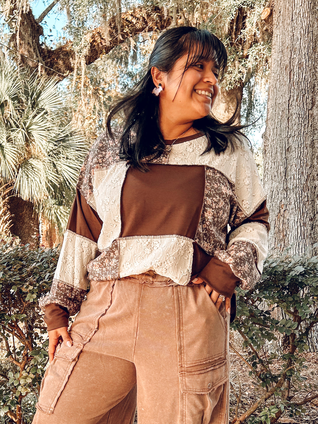 Floral & Lace Patchwork Top | Brown