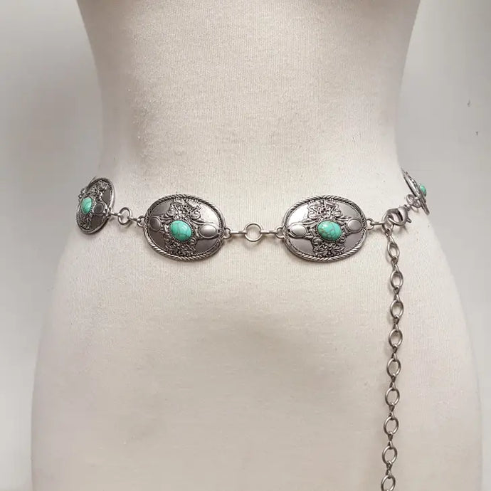 picture 1 Floral Oval Concho  Belt with Stone | Sliver