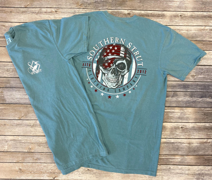 picture 1 men's front and back Ice Blue Pirate Skeleton Tee