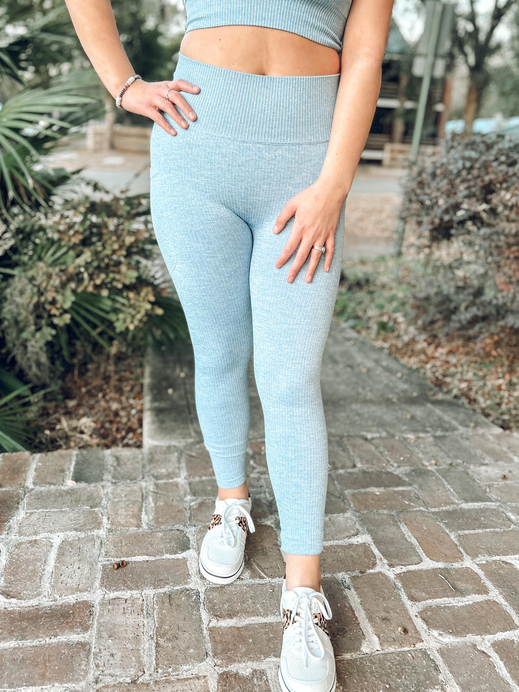 picture 1 close up of Hold It Ribbed Leggings | Light Blue