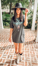 picture 2 woman in Longhorn Cowgirl Tee Dress | Charcoal