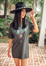 picture 1 woman in Longhorn Cowgirl Tee Dress | Charcoal