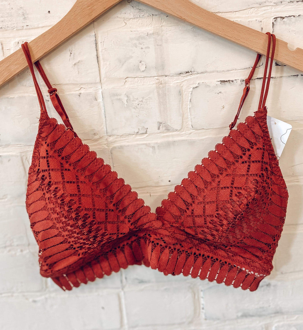 picture 1 front of Scalloped Lace Bralette | Dark Rust