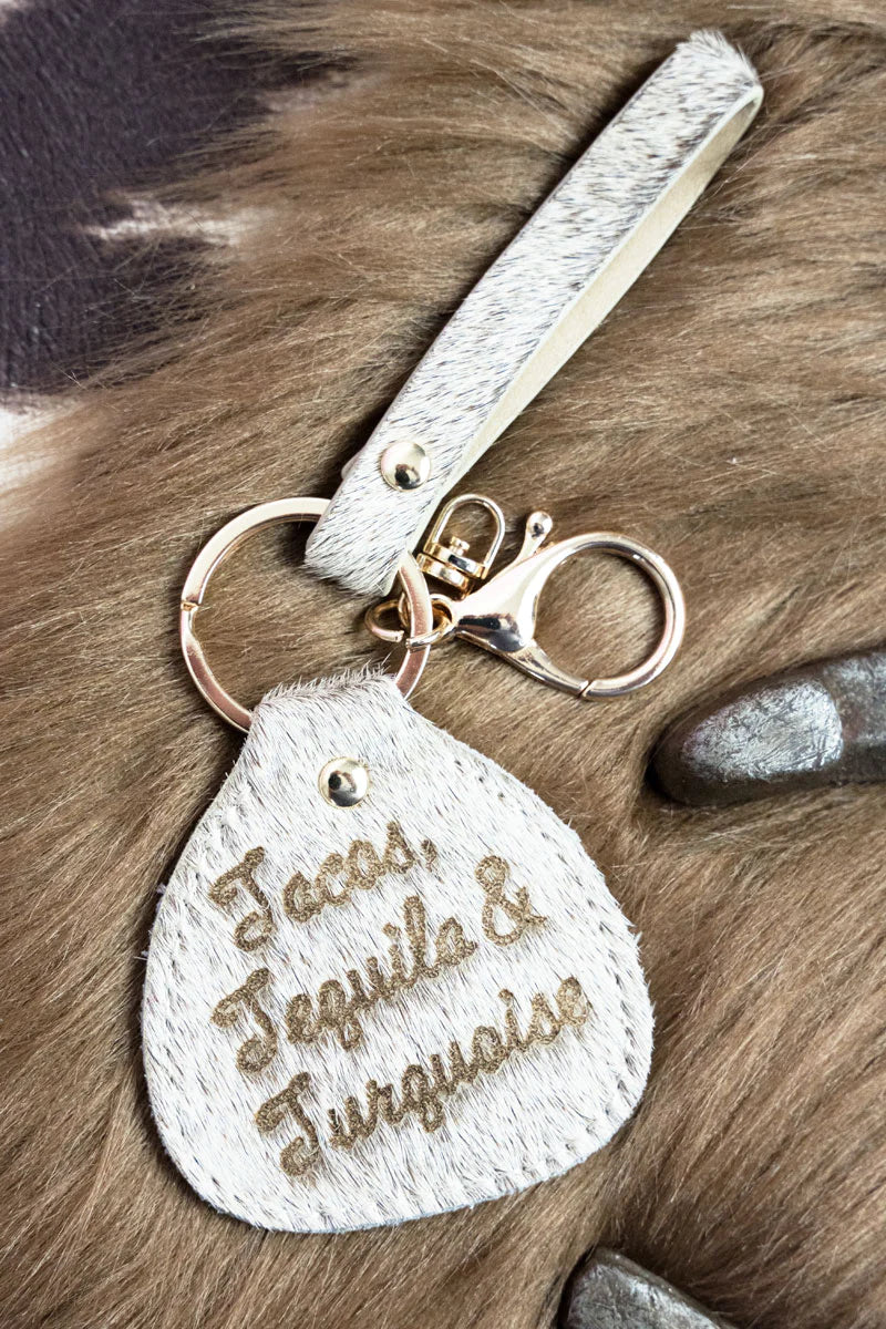 picture 1 tacos, tequila and turquoise Natural Cowhide Keychain